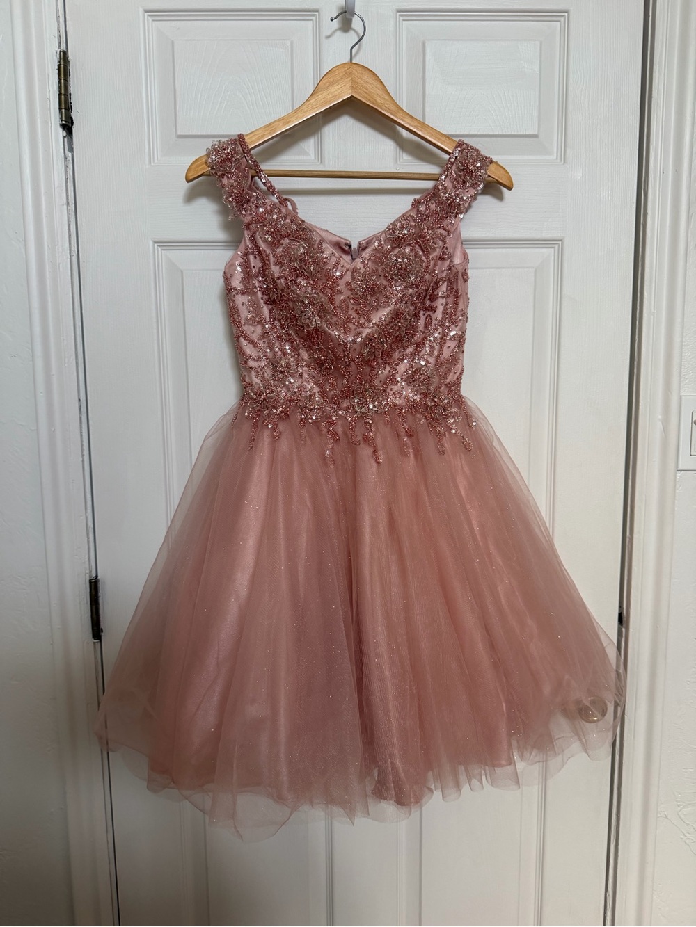 Rose Pink Embellished Beaded Tulle Party Homecoming Dress